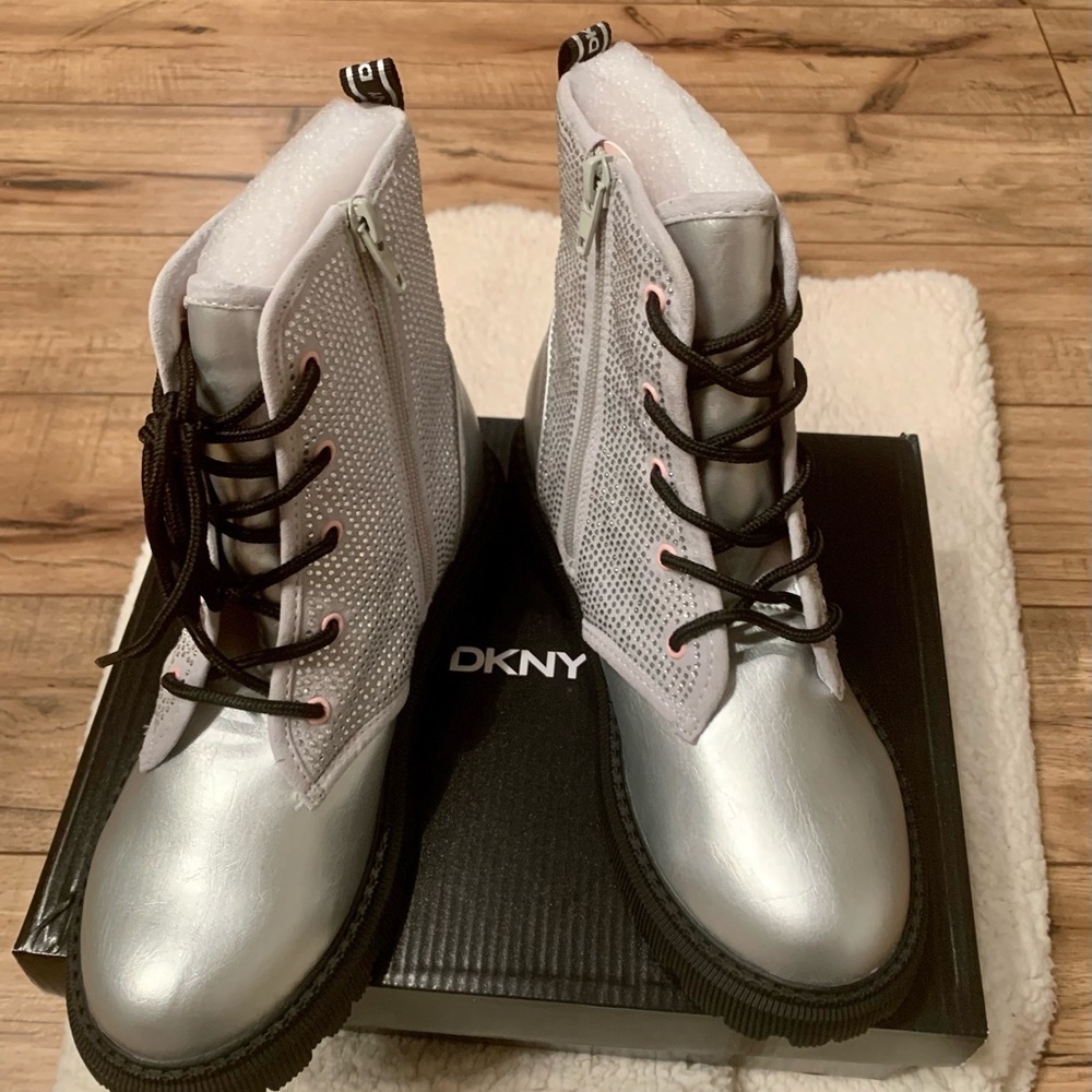 DKNY Size 4 DKNY Bedazzled Laced Boots Silver Black Pink - New Women |